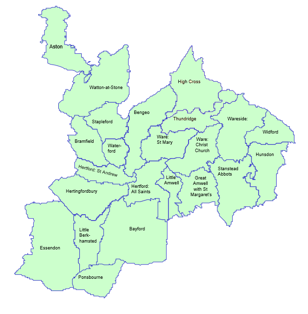 Map of the deanery of Hertford and Ware.