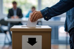 Someone putting a ballot paper into a ballot box