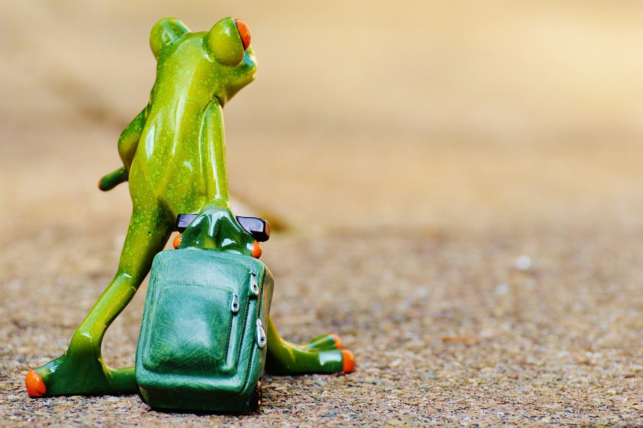 A ceramic frog with a suitcase, walking away.